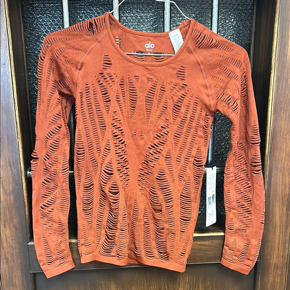 ALO Yoga Women’s Burnt Orange Distressed Long-Sleeve Top